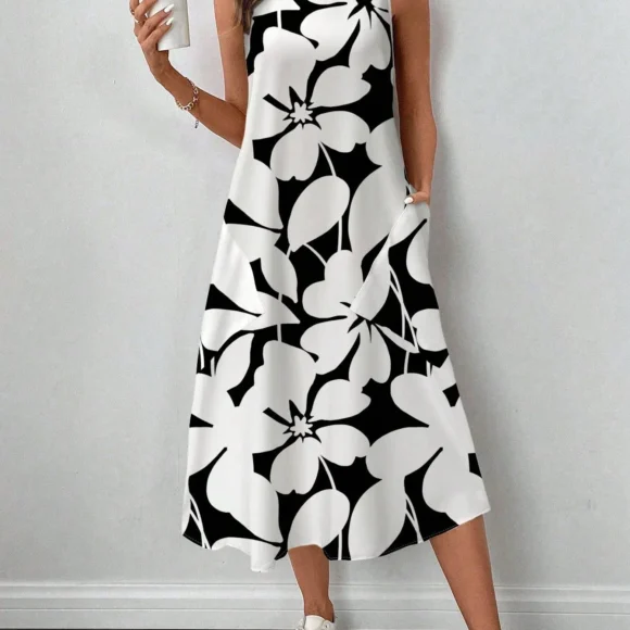 Vestido Casual de Pescoço Redondo e Comprimento Médio com Estampa Floral